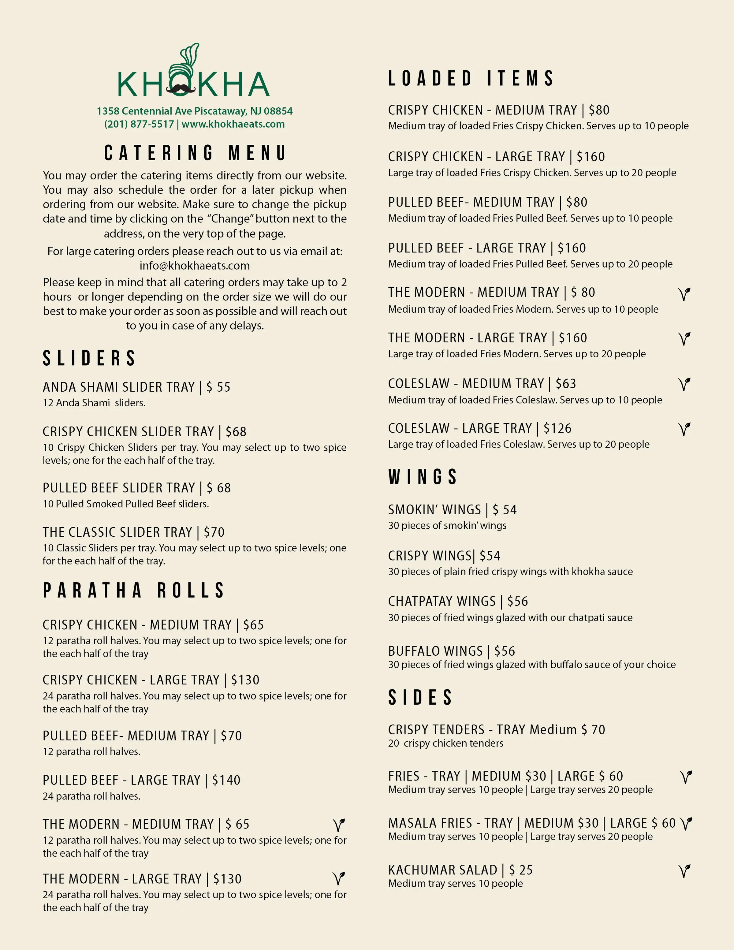 Catering menu featuring diverse global dishes and sliders