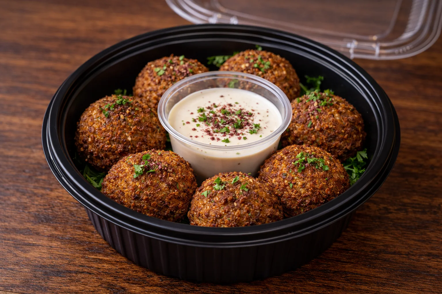 A serving of crispy falafel balls arranged in a black container, accompanied by a small cup of creamy dipping sauce and garnished with herbs.