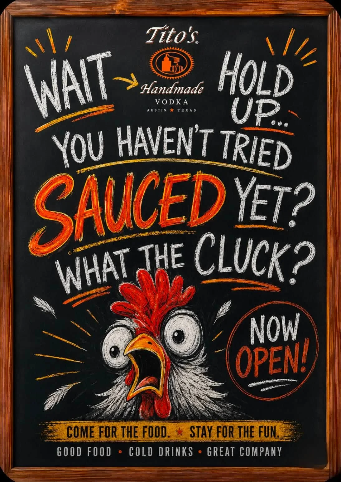 Colorful chalkboard sign promoting a restaurant with a chicken illustration