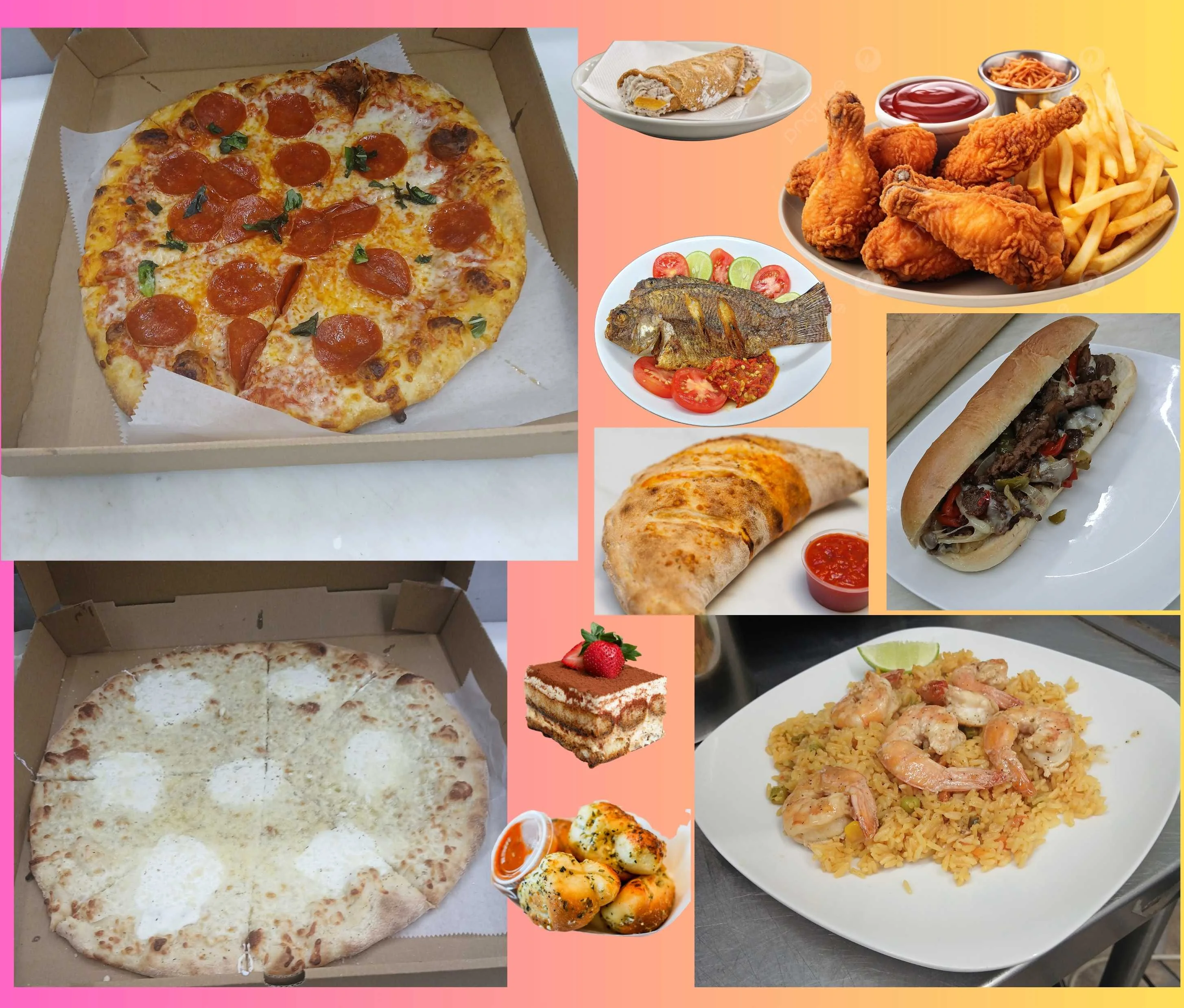 Variety of global dishes including pizza, fried chicken, and seafood rice
