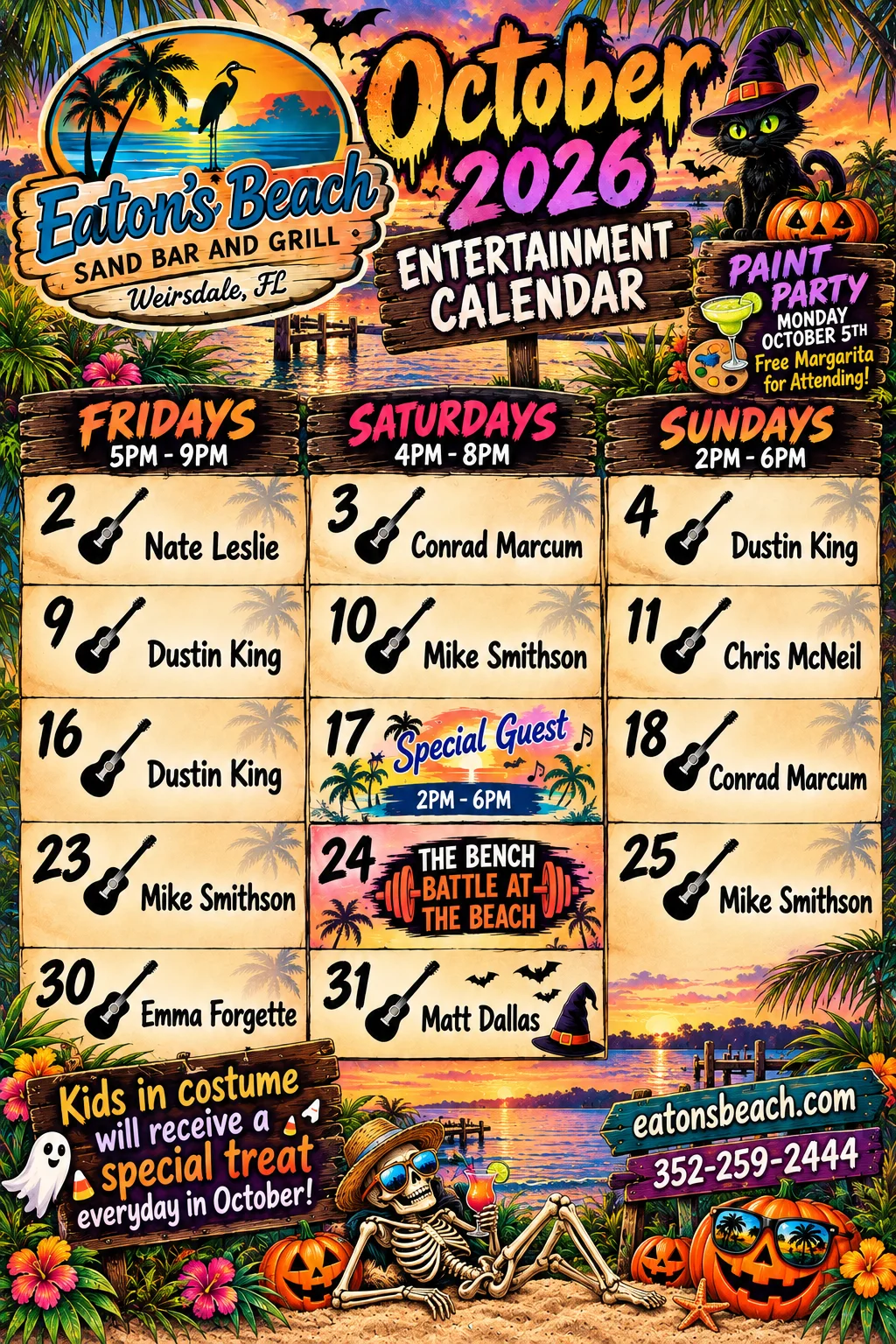 October 2026 entertainment calendar for Eaton's Beach Sand Bar and Grill