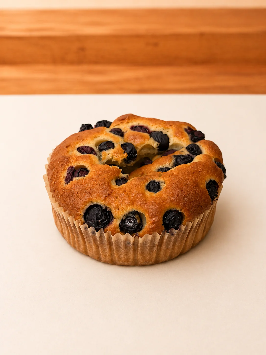 A freshly baked blueberry muffin with a golden top, featuring whole blueberries throughout.