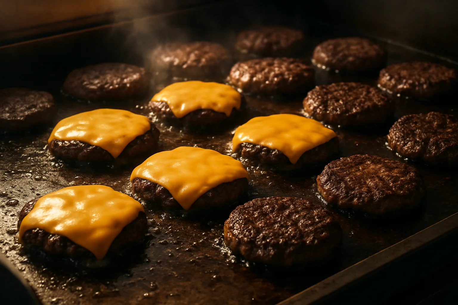 Grilled cheeseburgers sizzling on a flat top grill