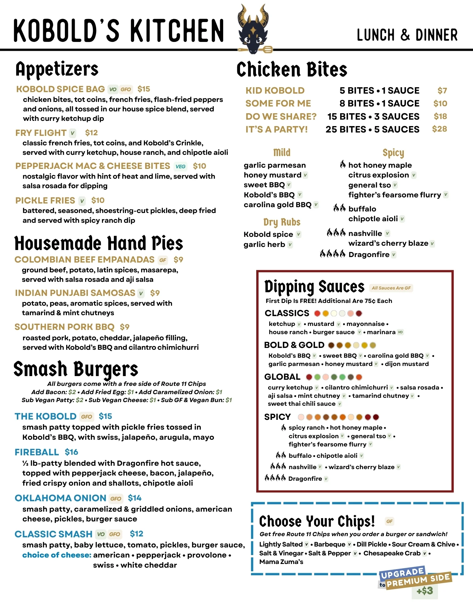Menu featuring diverse global appetizers and hand pies