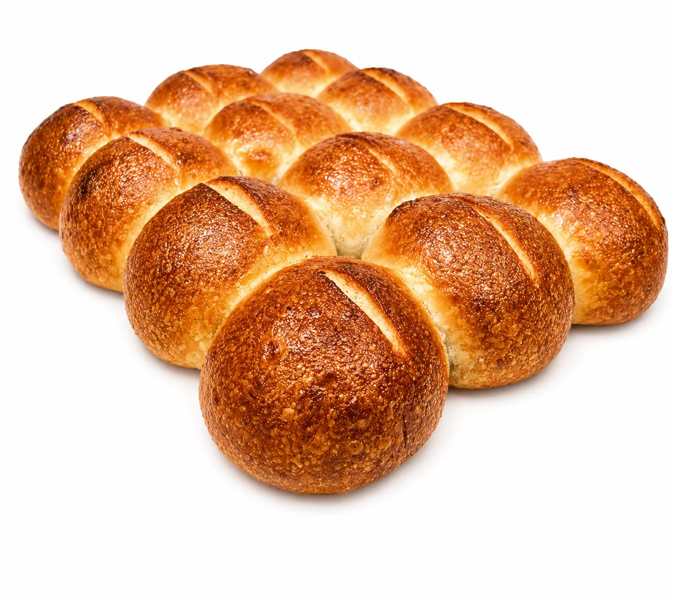 Freshly baked golden brown dinner rolls arranged in a grid.