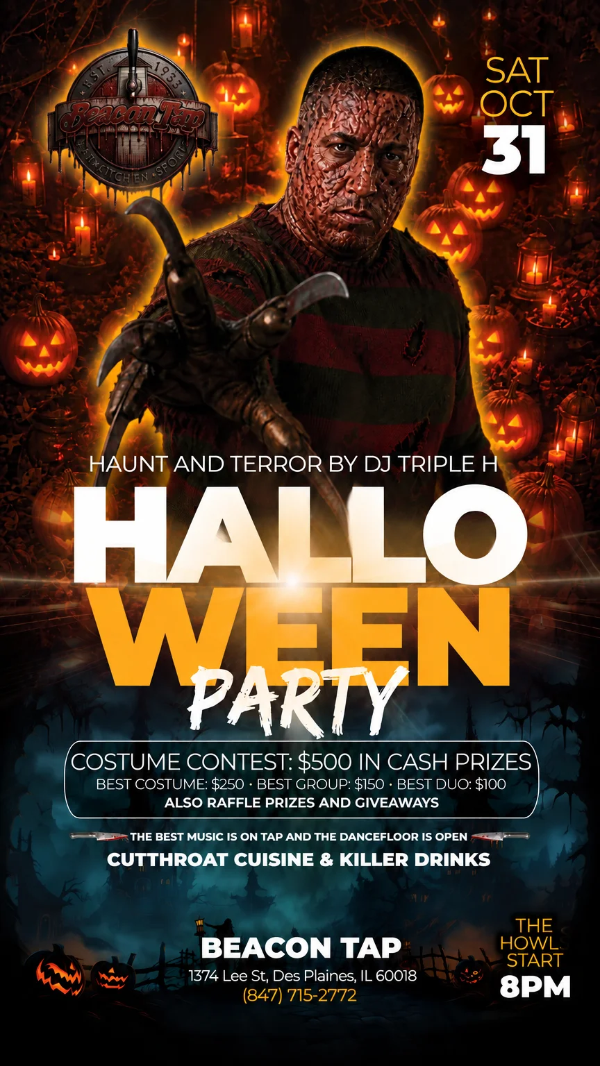 Halloween party poster with horror character, jack-o'-lanterns, and event details
