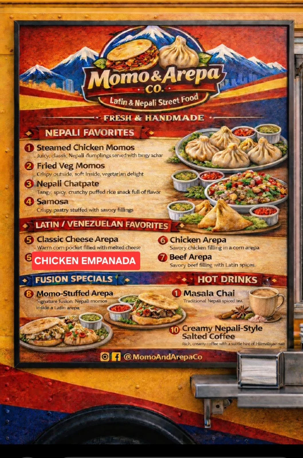 Menu of Momo & Arepa Co. featuring Nepali and Latin street food.