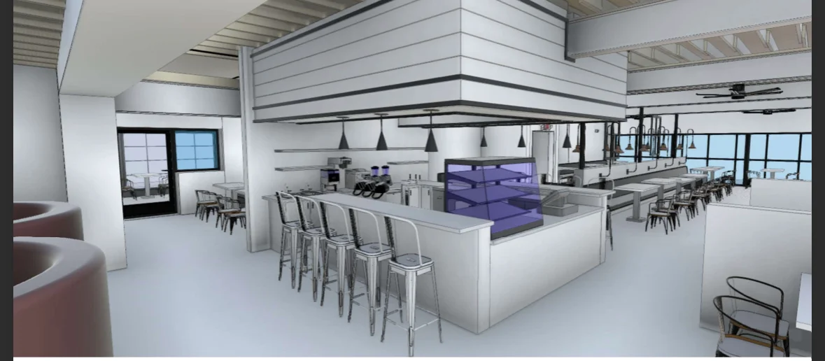Modern restaurant interior with bar seating and large windows.