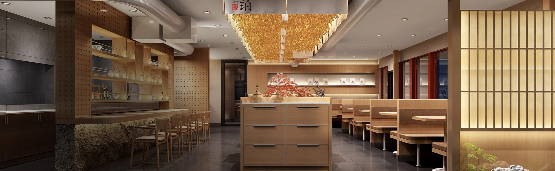 A wide-angle view Tendon Kohaku Bellevue's interior features a modern Japanese aesthetic with light-colored wood paneling, clean lines, and warm ambient lighting.