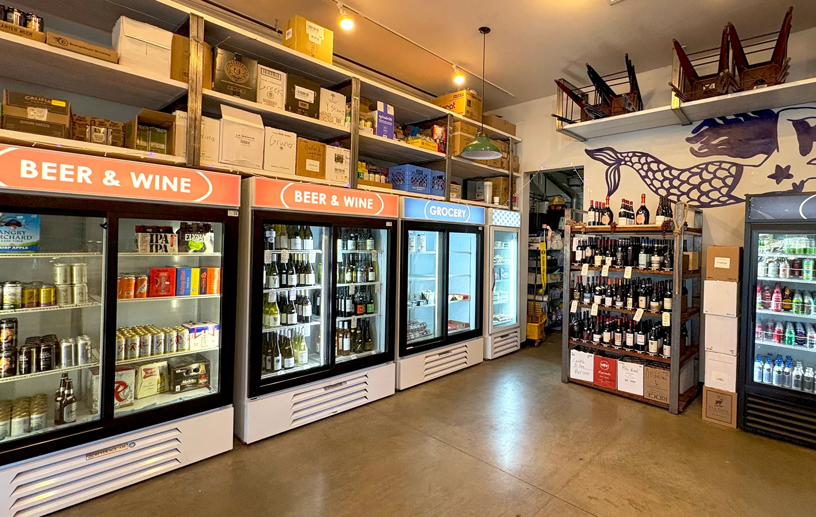 Our expansive bottle shop located inside the store. Carrying wide range of wines and beers