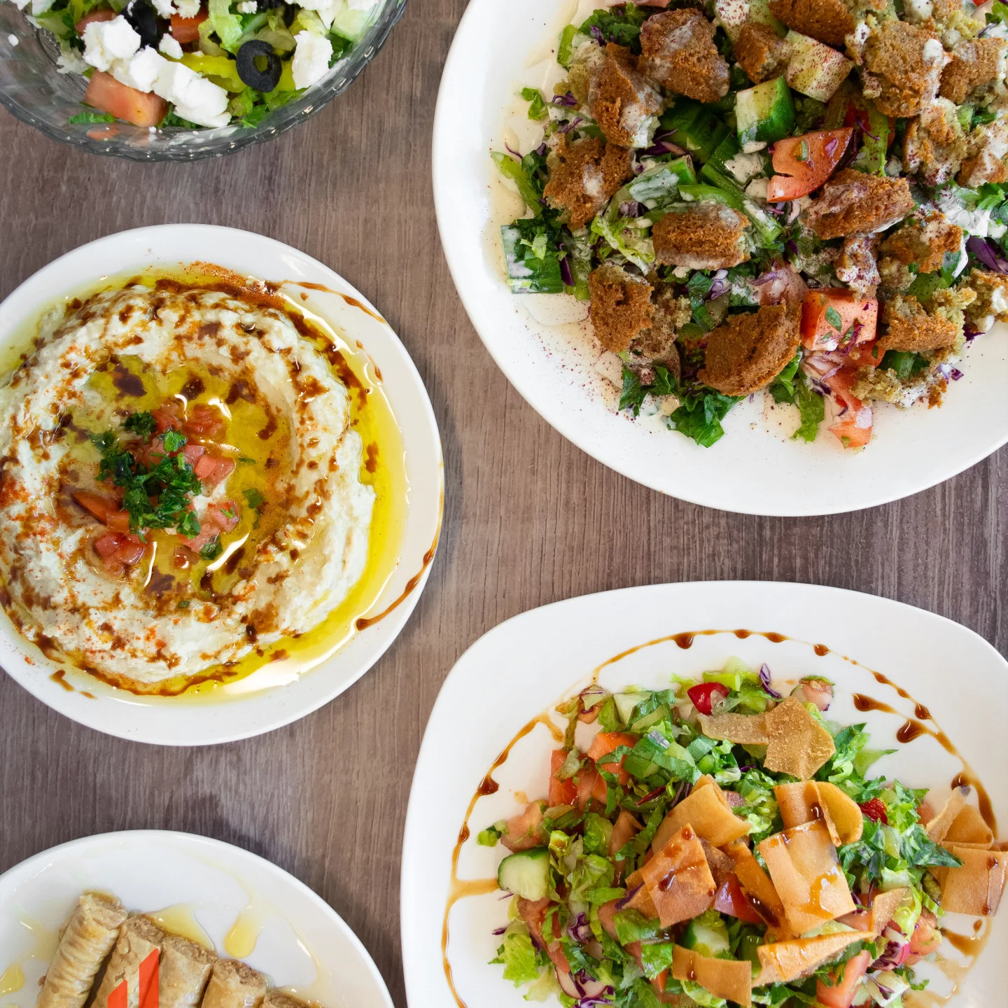 Mediterranean mezze platter with hummus and salads