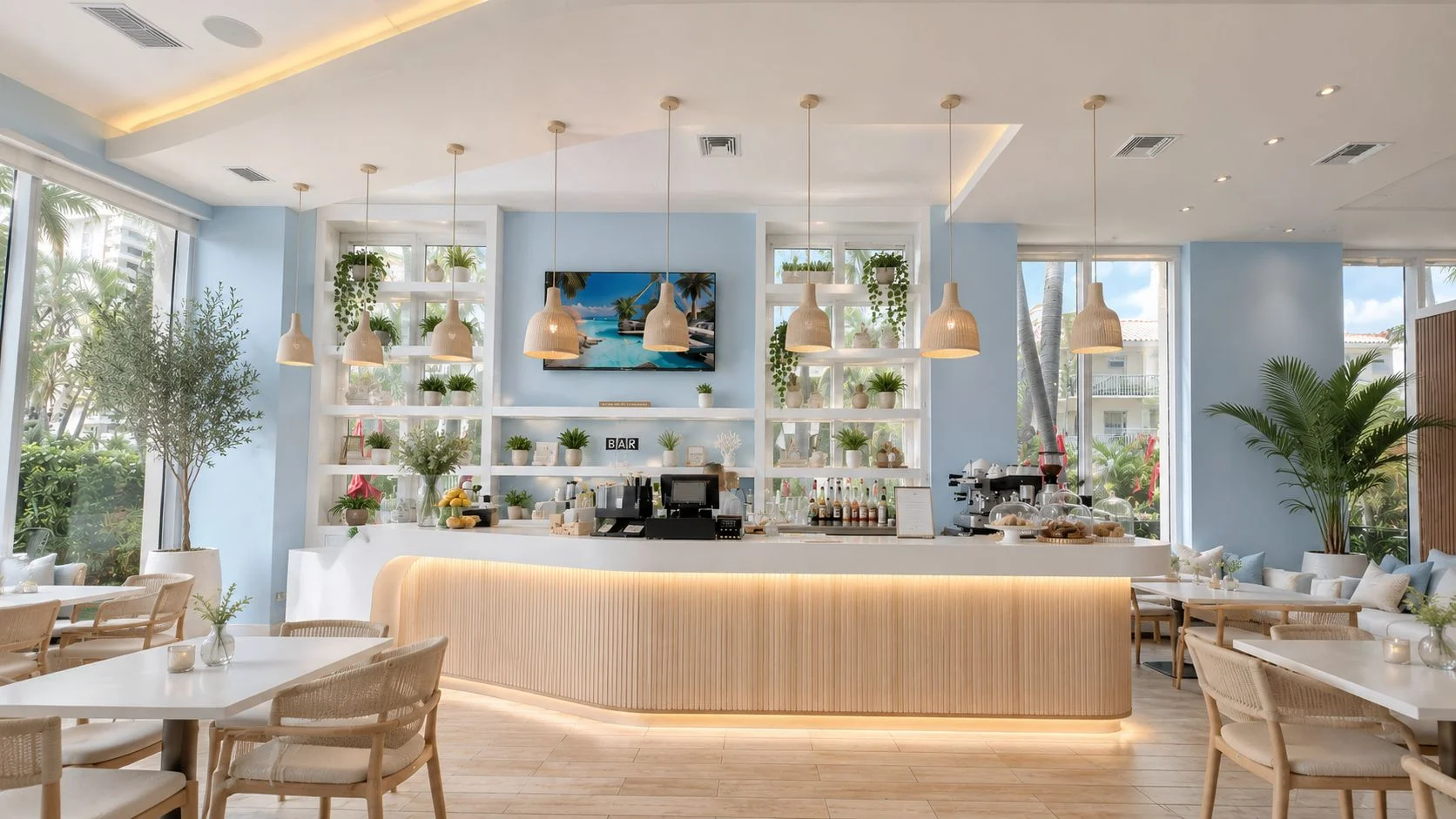 Modern restaurant interior with natural light and greenery