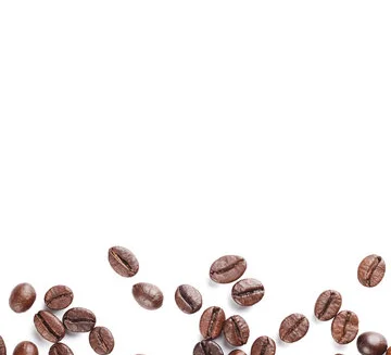 Freshly roasted coffee beans scattered on a white background