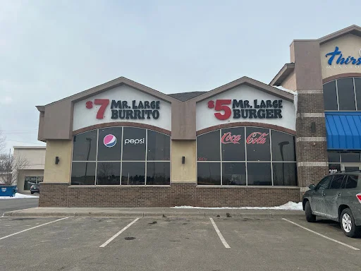 Restaurant exterior featuring burritos and burgers