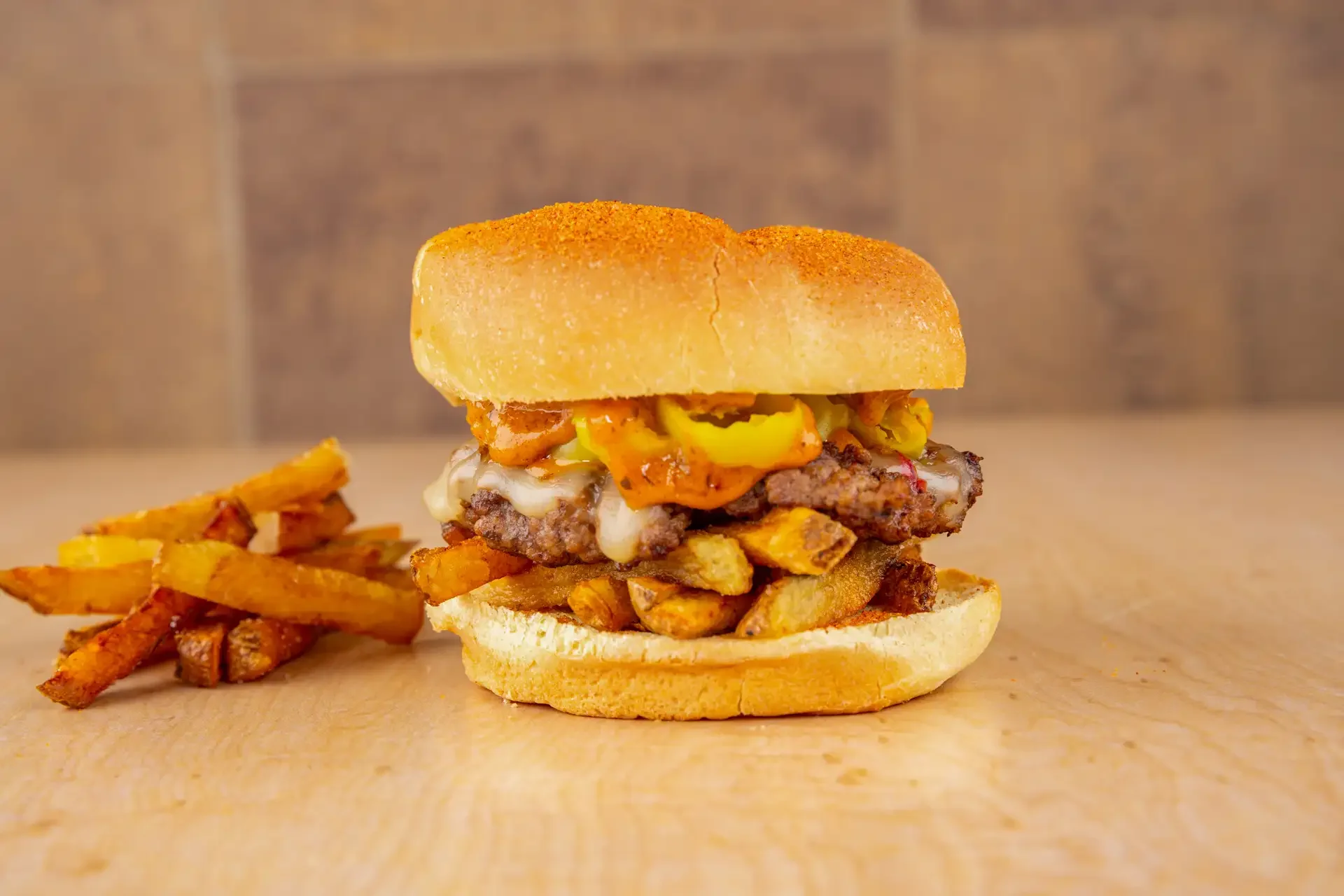 Juicy cheeseburger with crispy fries