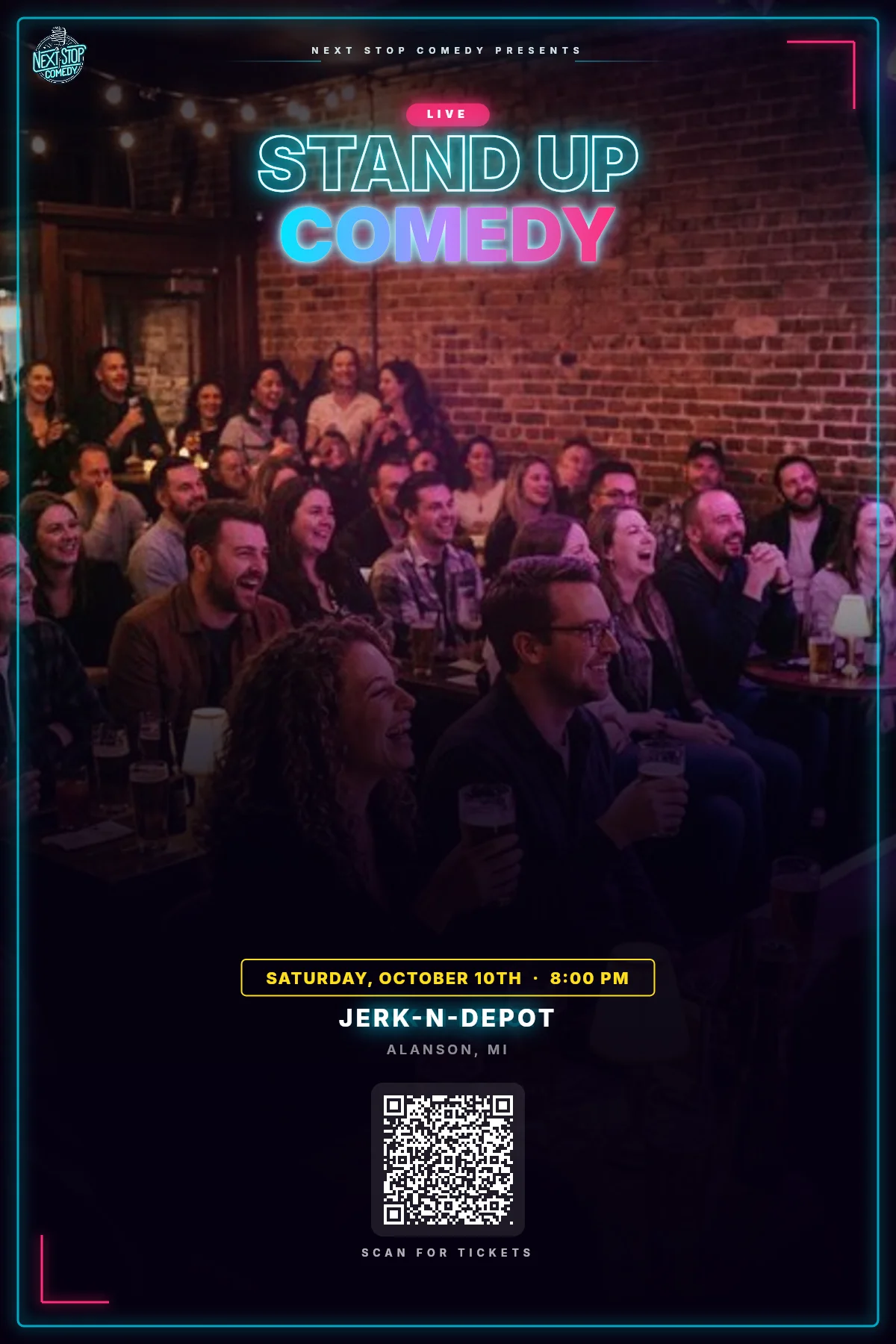 Cozy comedy night at Jerk-N-Depot with audience enjoying the show