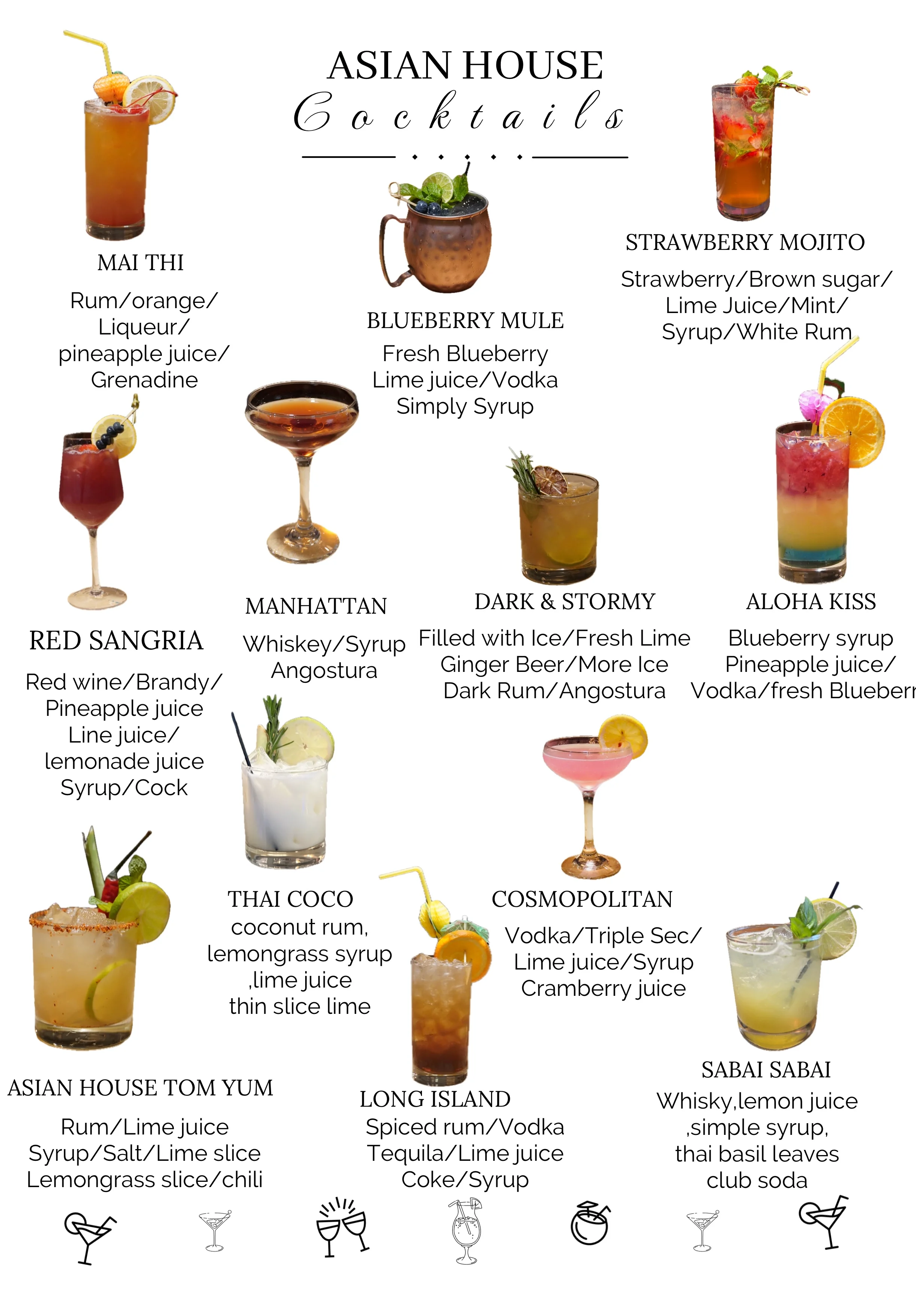 Colorful cocktail menu featuring Asian-inspired drinks
