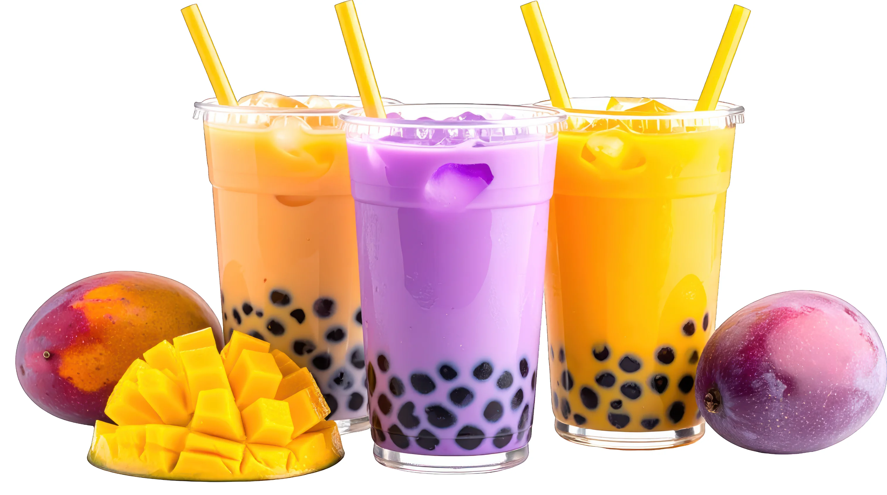Colorful boba tea drinks with mango and passion fruit