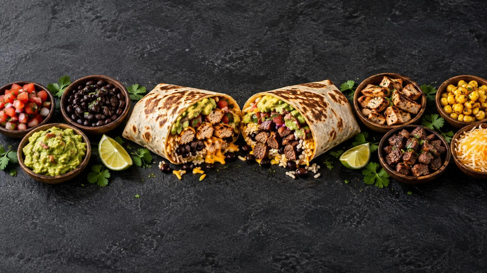 Mexican-style chicken and steak burritos with guacamole and black beans