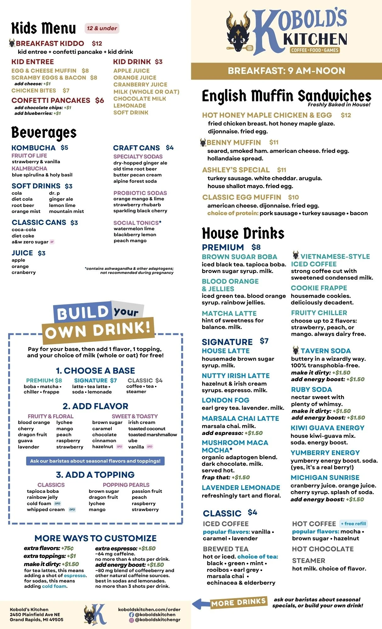 Kobold's Kitchen beverage menu