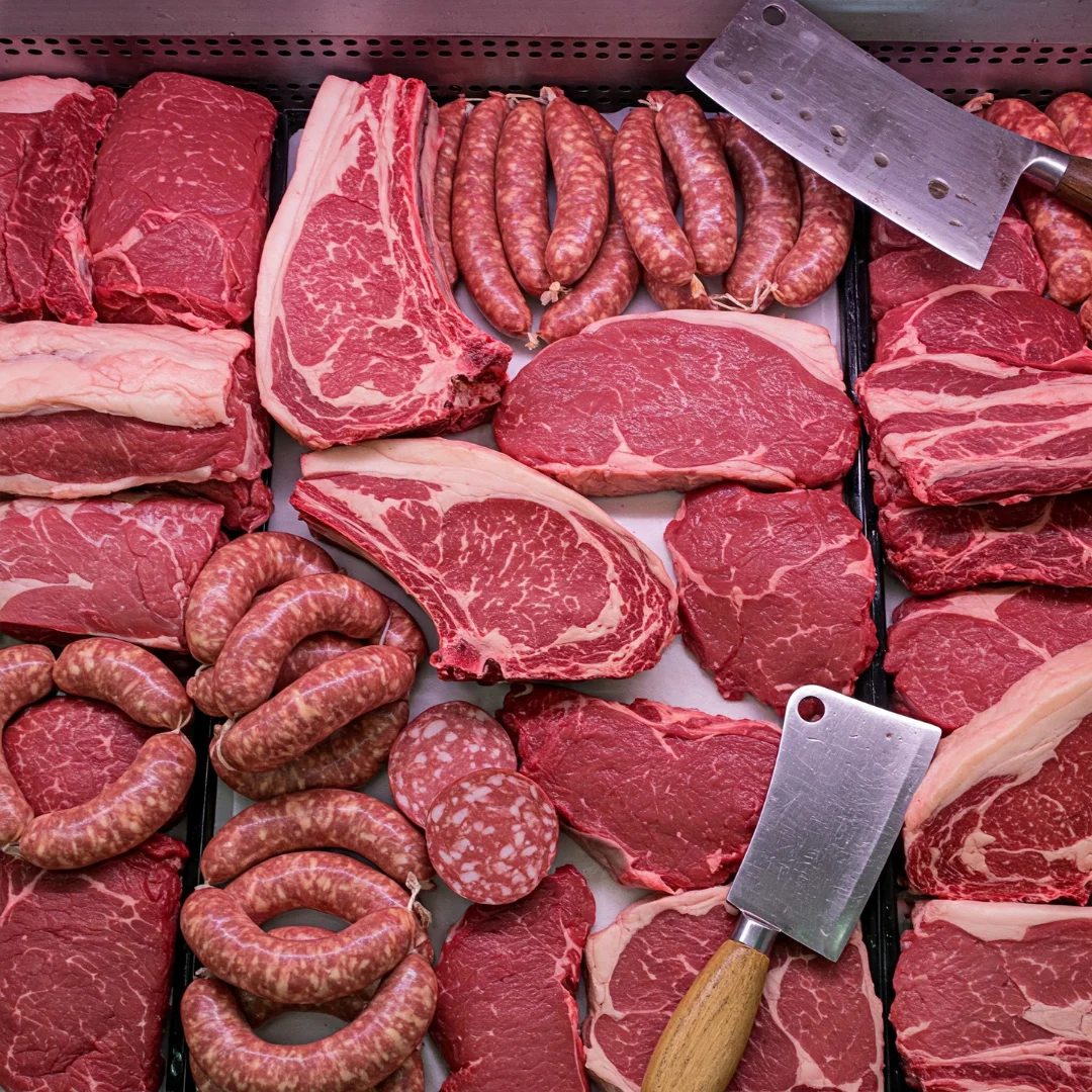 Assorted cuts of beef and sausages in a butcher shop display