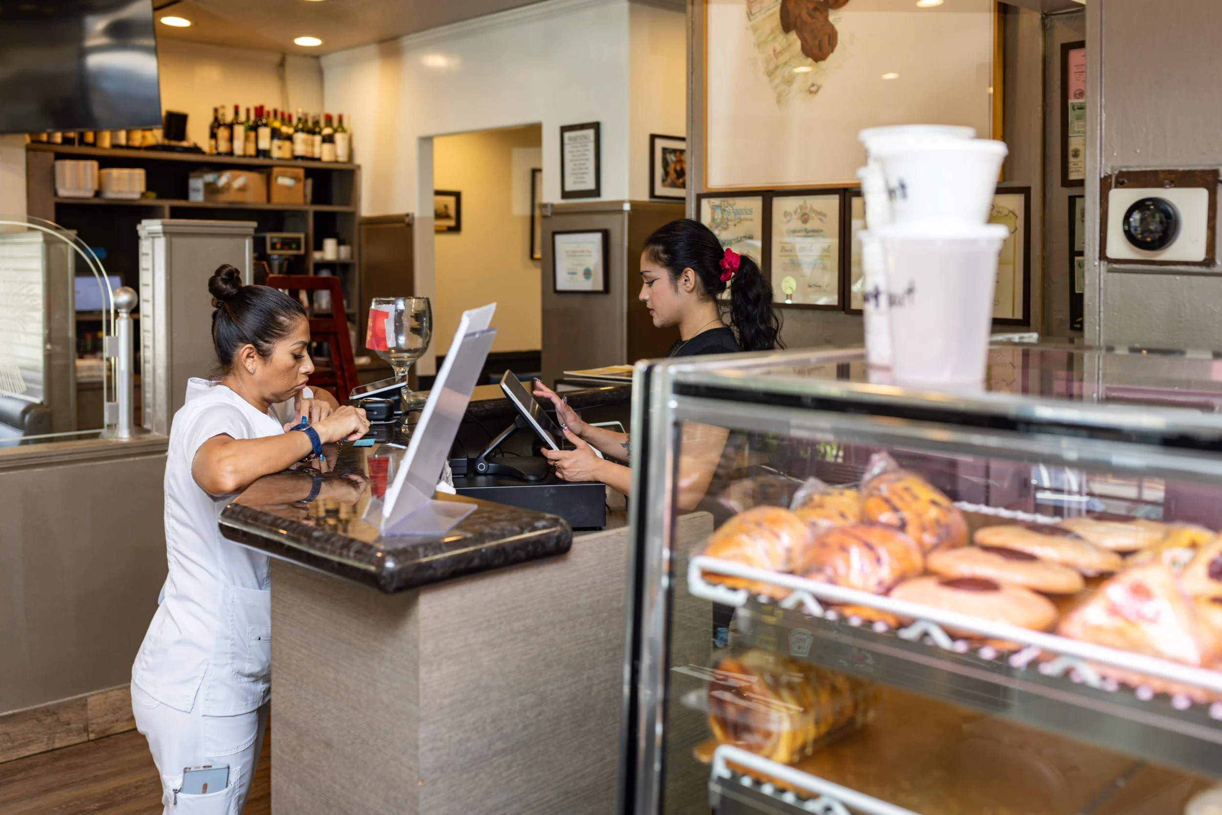 Men having conversation at counter