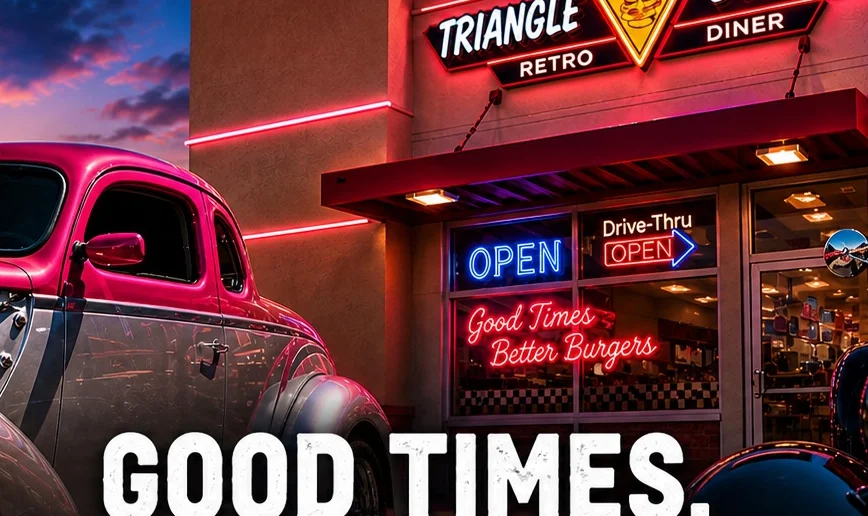 Triangle Burgers diner with classic cars and neon lights at sunset.