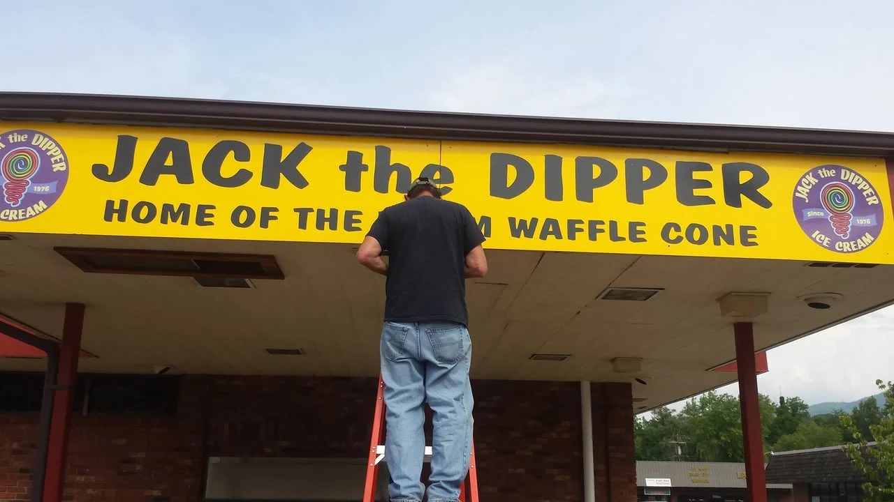 Sign for Jack the Dipper ice cream shop with colorful branding