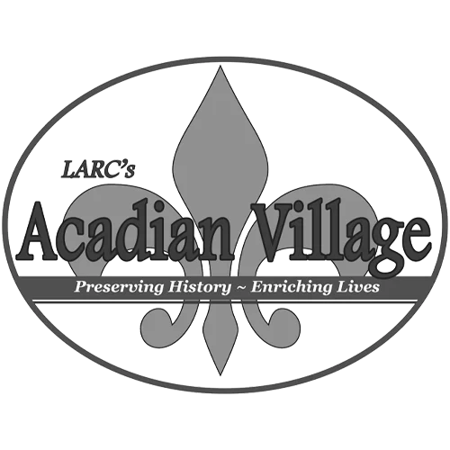 Logo of LARC's Acadian Village with a fleur-de-lis design.