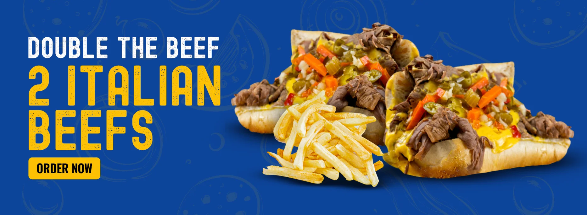 Italian beef sandwich with toppings and fries