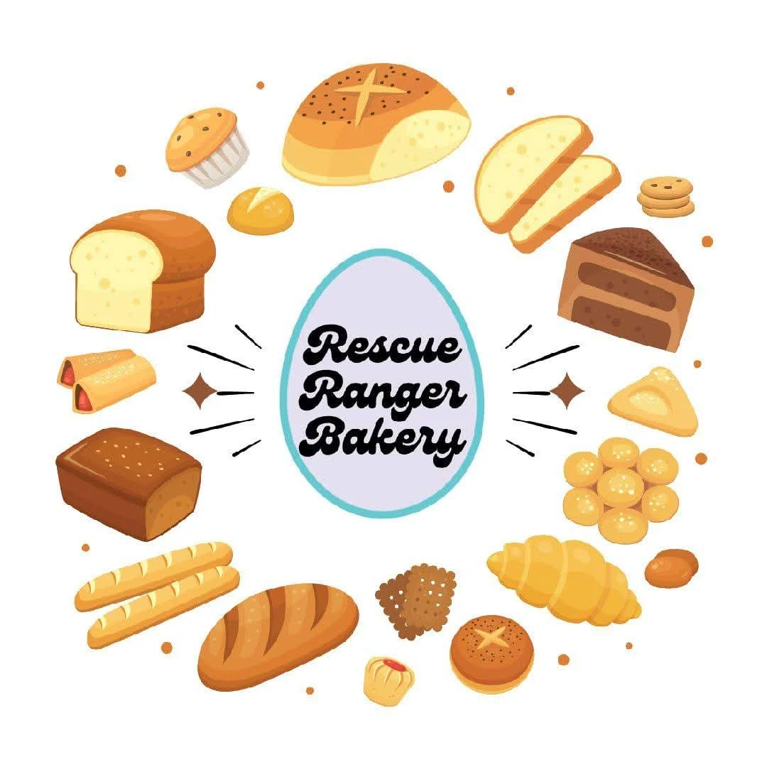 An assortment of baked goods arranged around a central logo. The items include various breads, pastries, and cookies, presented in a colorful manner.
