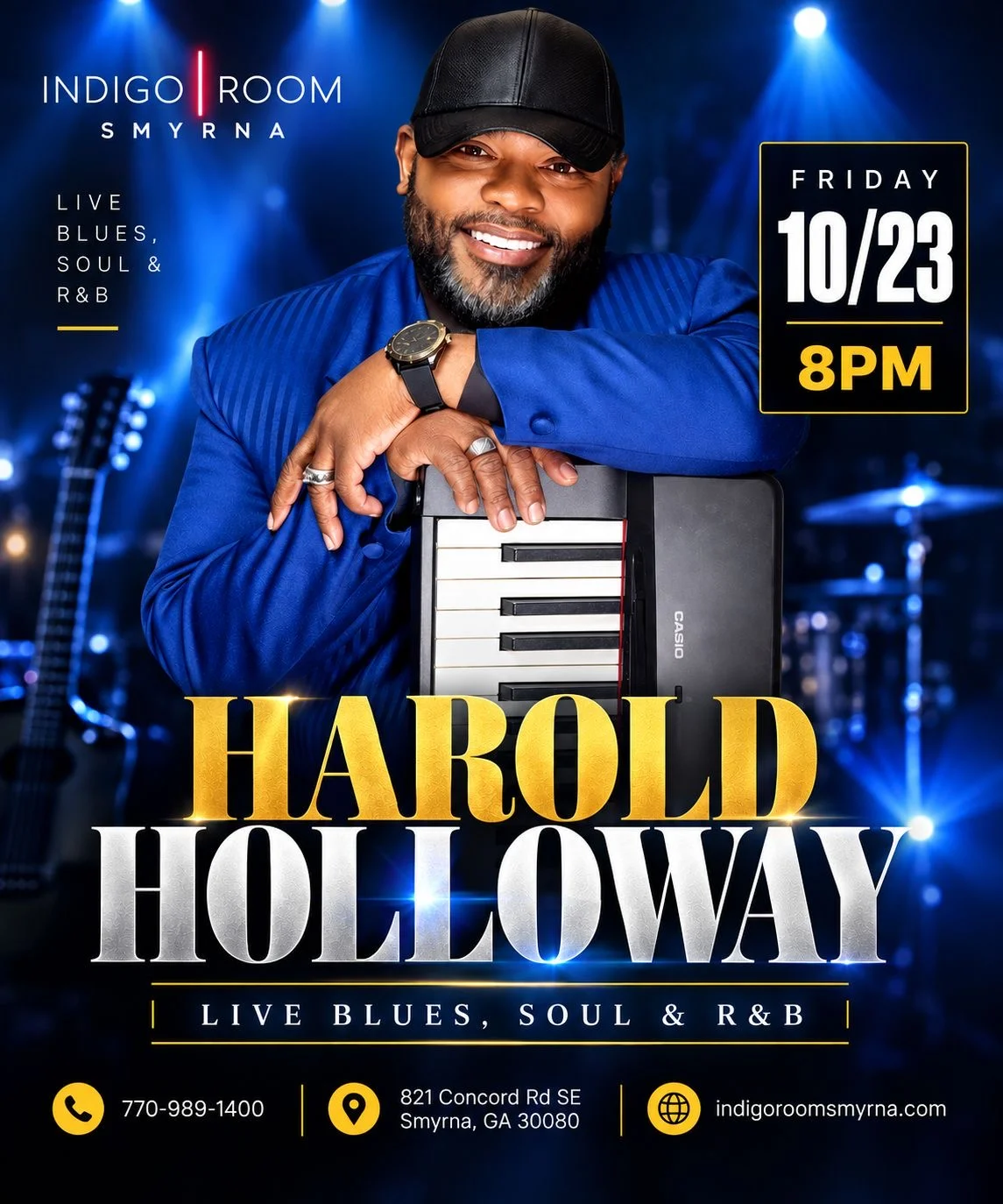 Live music event poster featuring a blues musician with a keyboard