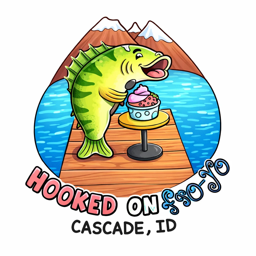 A colorful illustration featuring a cartoon fish holding a dessert on a dock, with mountains and water in the background.