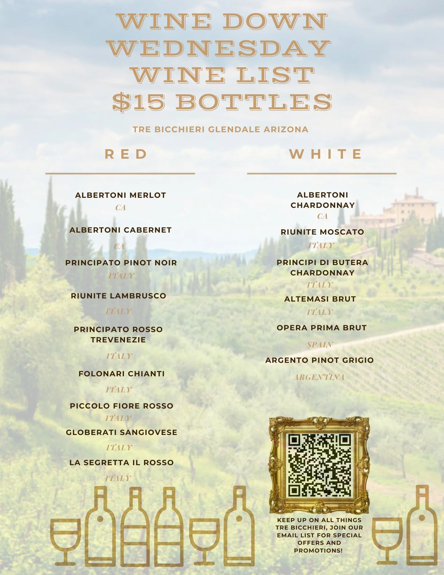 Wine list for Wine Down Wednesday at Tre Bicchieri, Glendale, Arizona