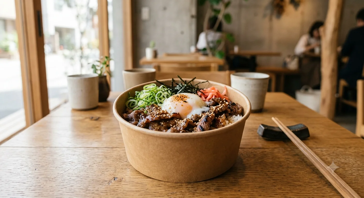 Japanese gyudon rice bowl with beef and egg