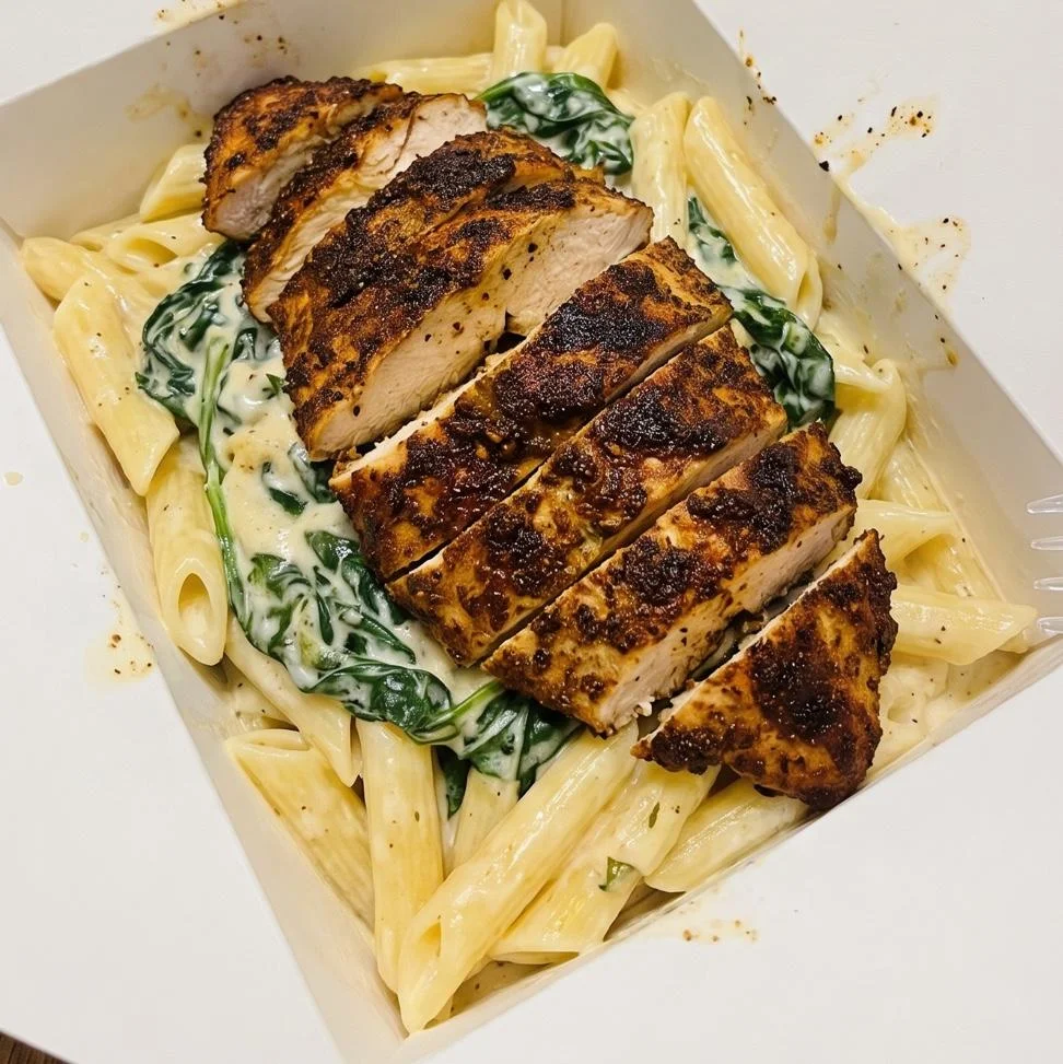 A serving of pasta topped with sliced grilled chicken on a bed of creamy spinach and penne pasta.