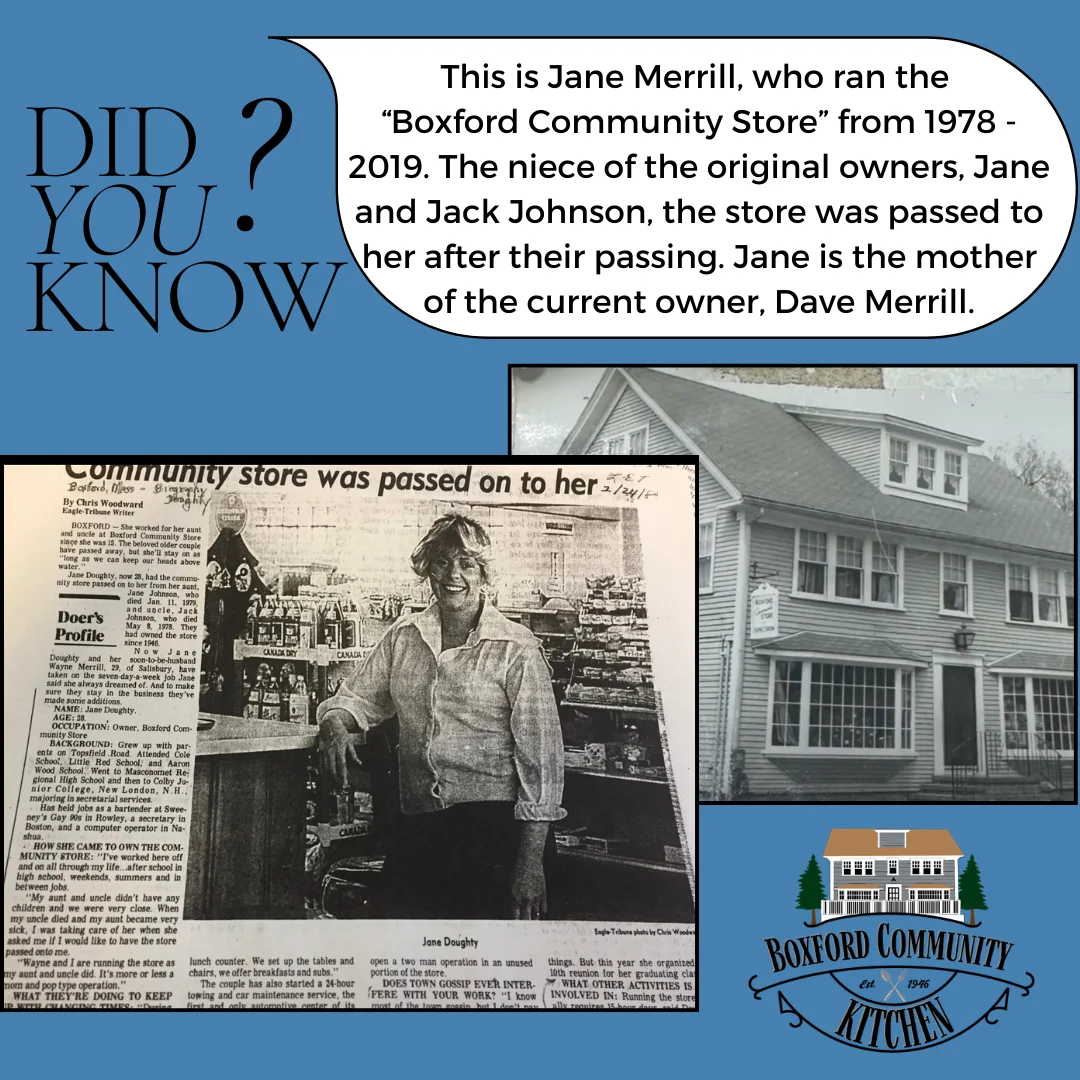 Historical image of Boxford Community Store and its former owner Jane Merrill