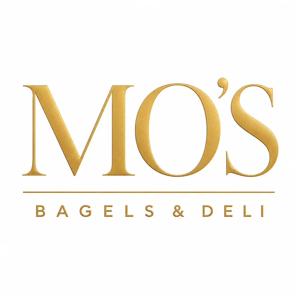 Logo of a deli specializing in bagels, featuring the name 'MO'S' in elegant gold typography.