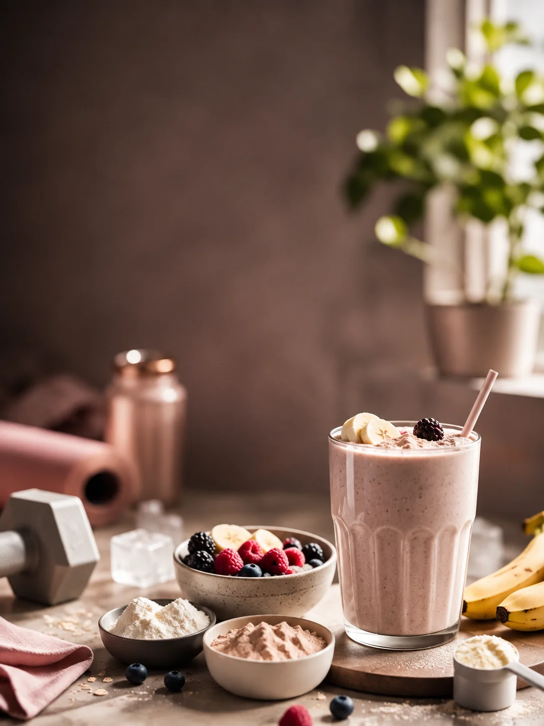 Delicious smoothie bowl with fresh fruits and protein powder