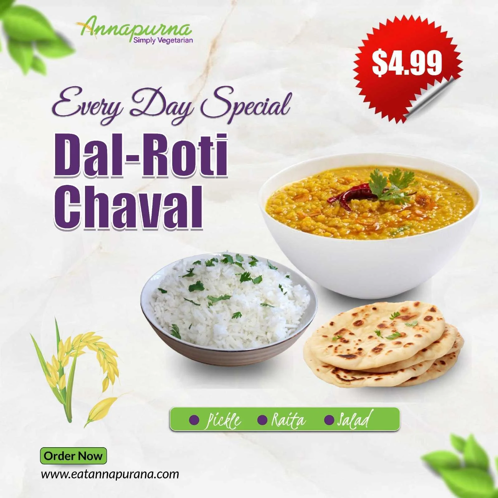 Traditional Indian dal-roti-chawal meal with rice and flatbreads