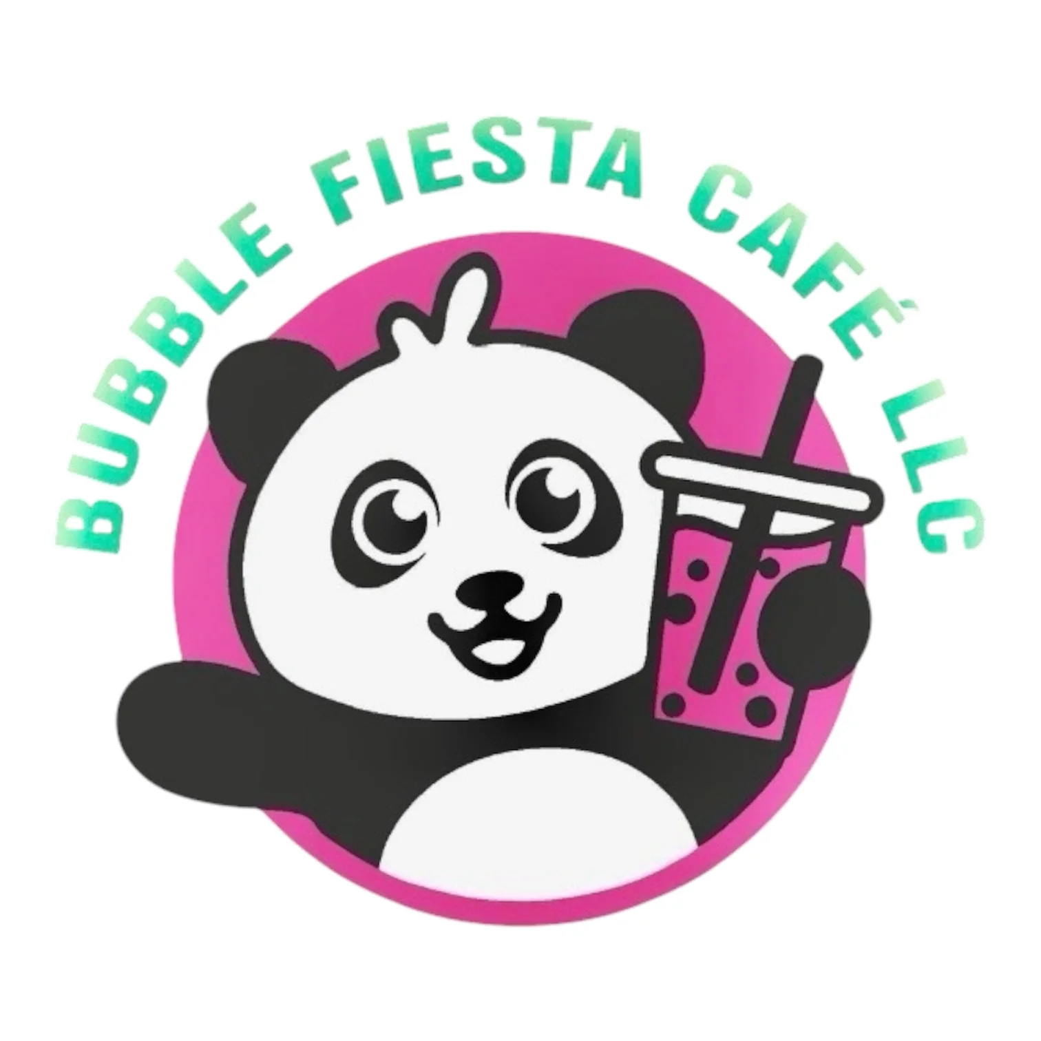 Logo of Bubble Fiesta Café featuring a cute panda holding a drink