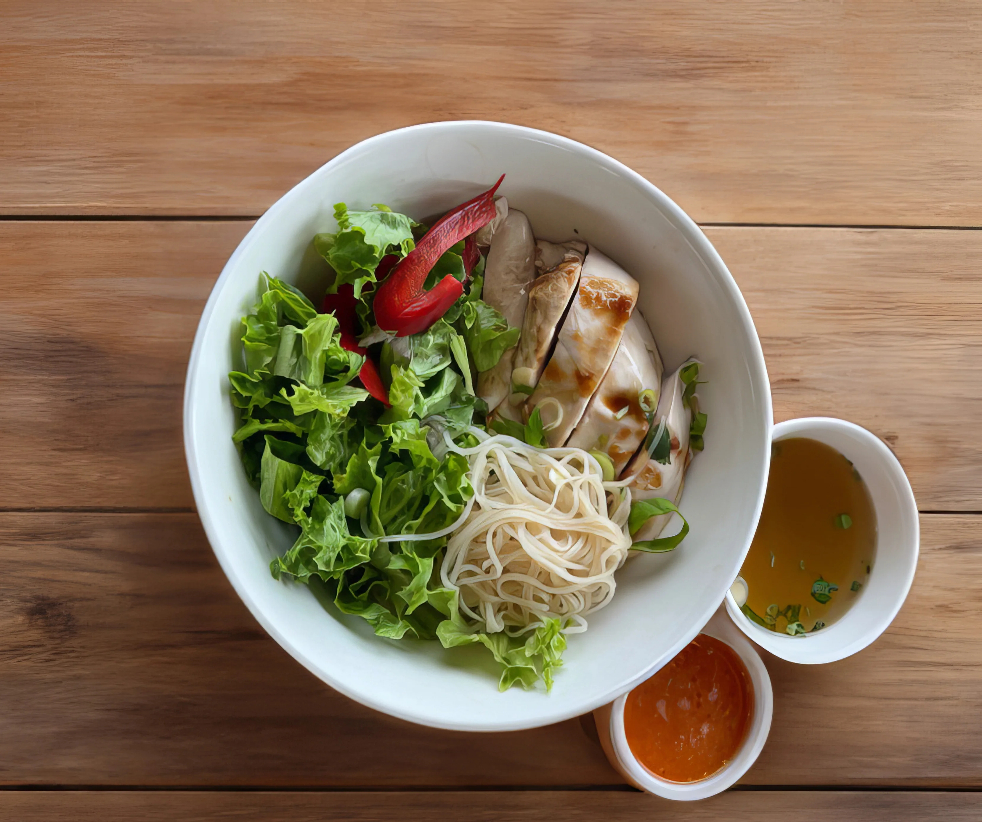Vietnamese chicken noodle salad bowl with fresh herbs