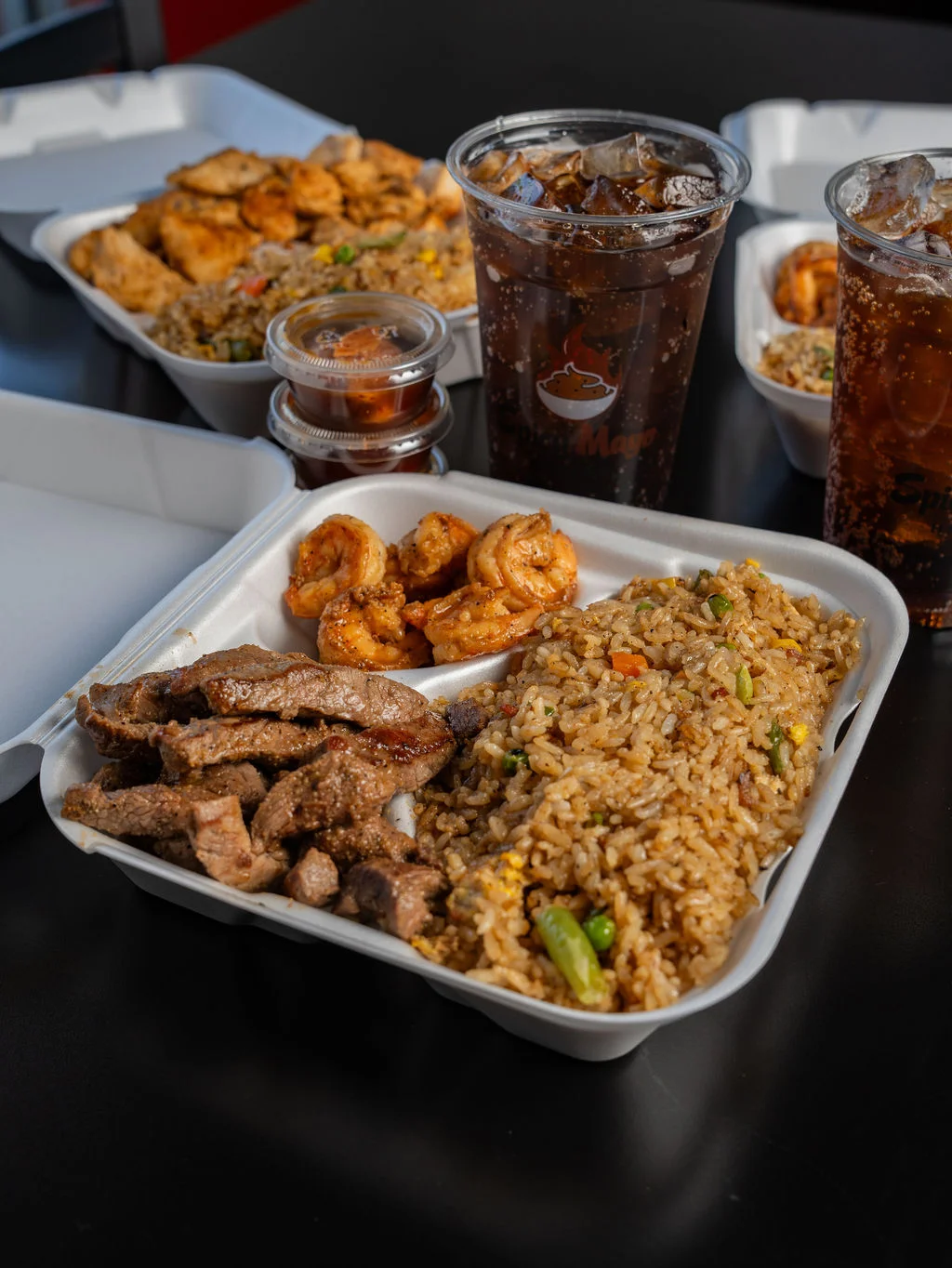 Savory shrimp fried rice with grilled steak