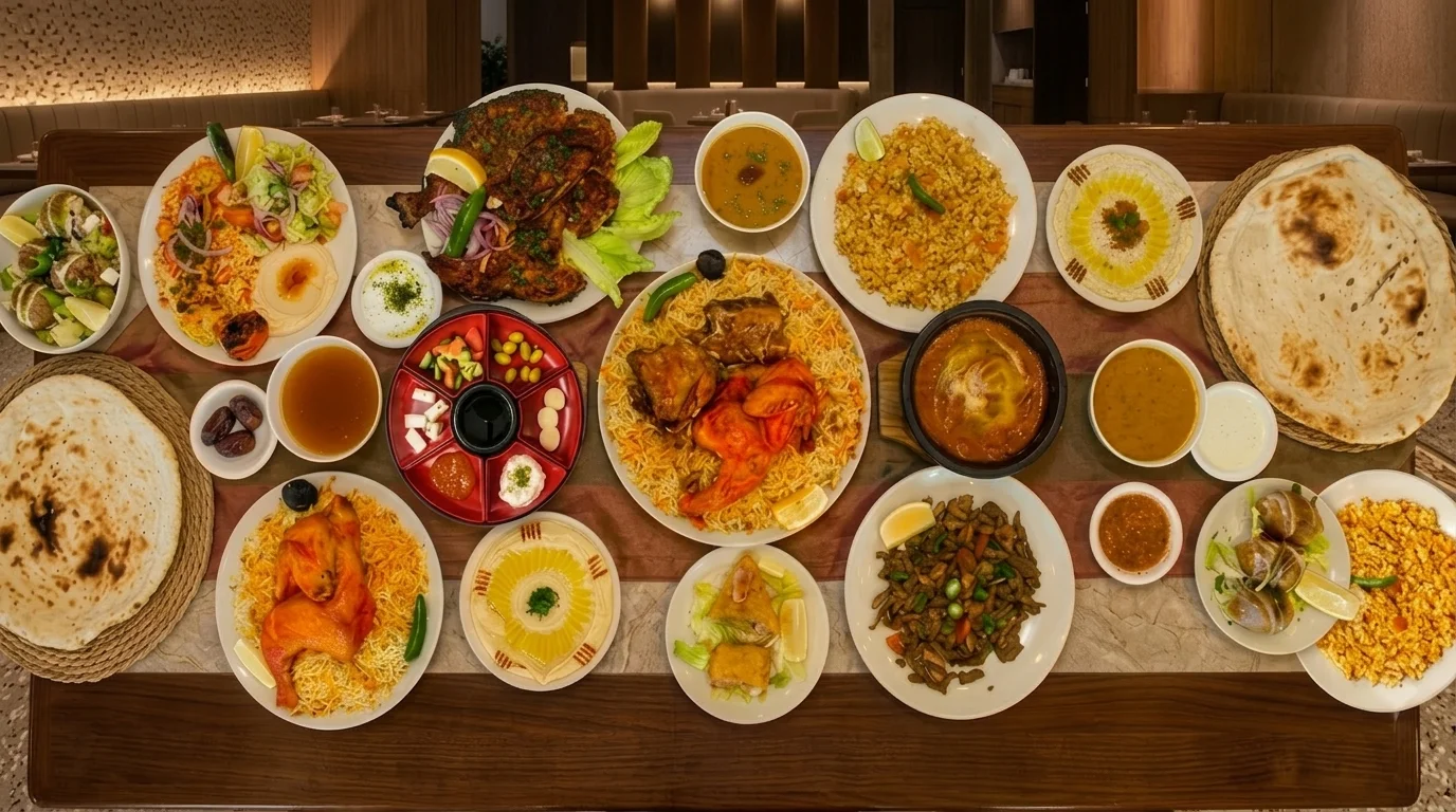 Assorted Middle Eastern dishes including biryani and kebabs