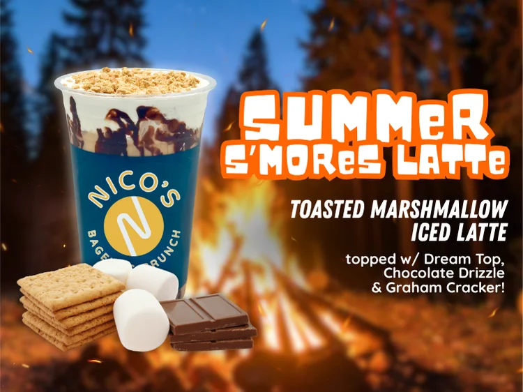 Iced s'mores latte with toasted marshmallow and chocolate drizzle