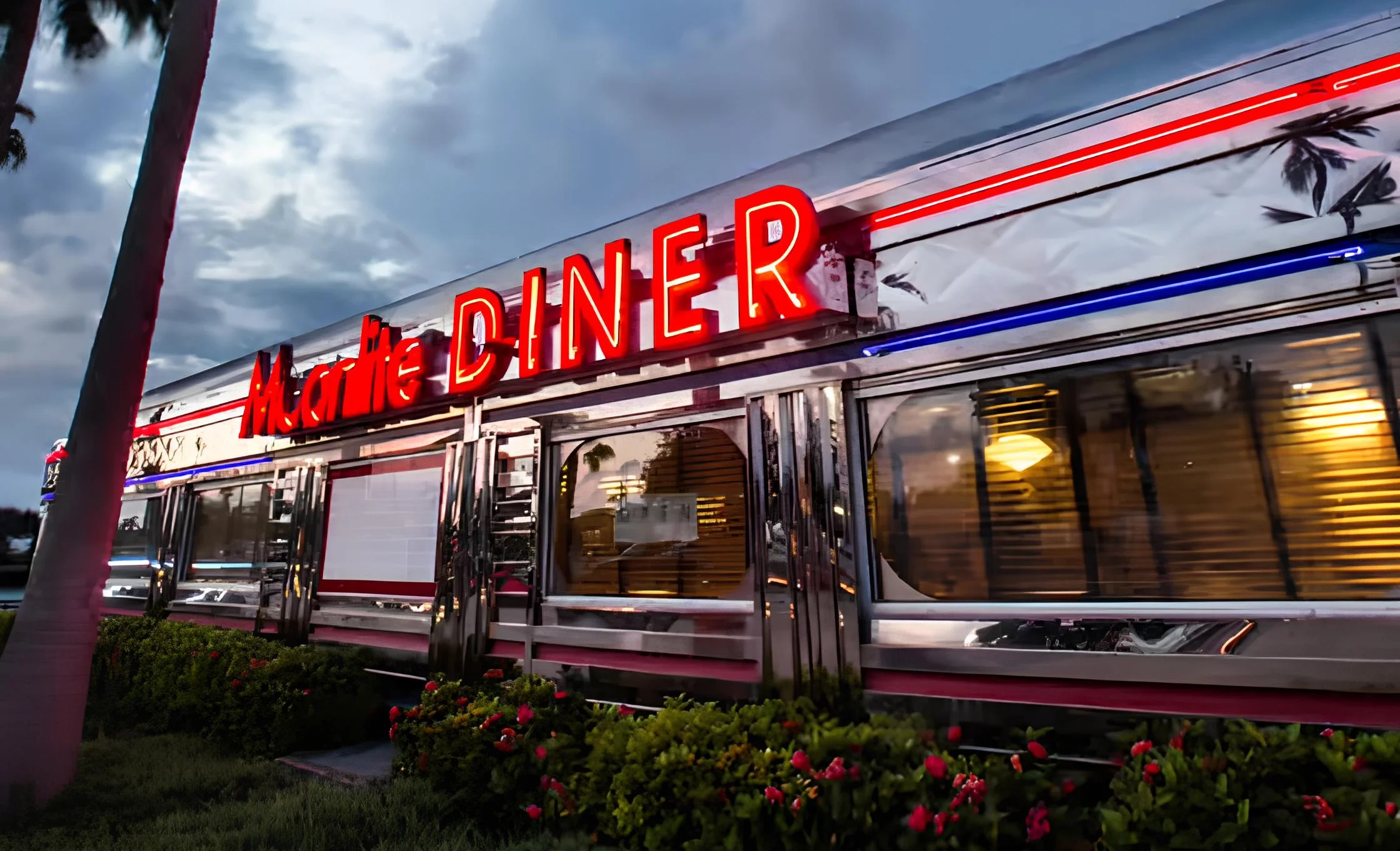 Exterior of Moonlite Diner with its iconic neon sign glowing at dusk, a classic American diner surrounded by palm trees in South Florida.