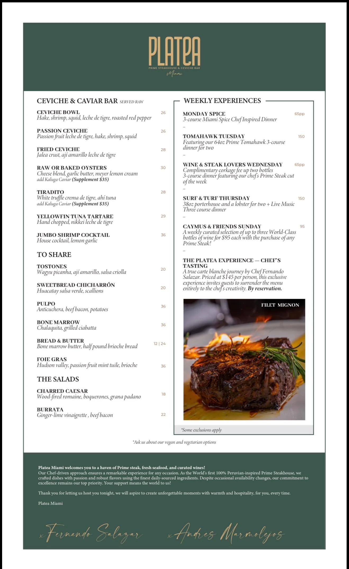 Peruvian-inspired steakhouse menu with ceviche and filet mignon photo
