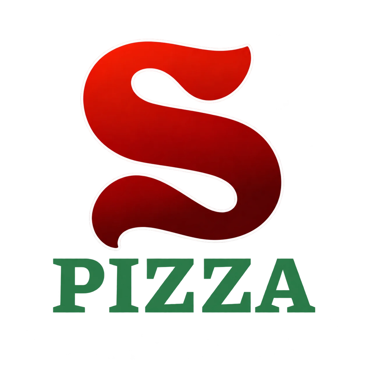 A graphic logo featuring stylized figures and illustrations of food items, promoting a menu of pizza, pasta, salad, wings, and subs.