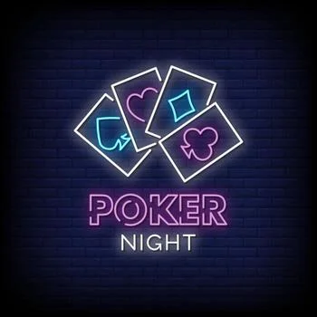 Neon poker night sign with playing card graphics on a brick wall