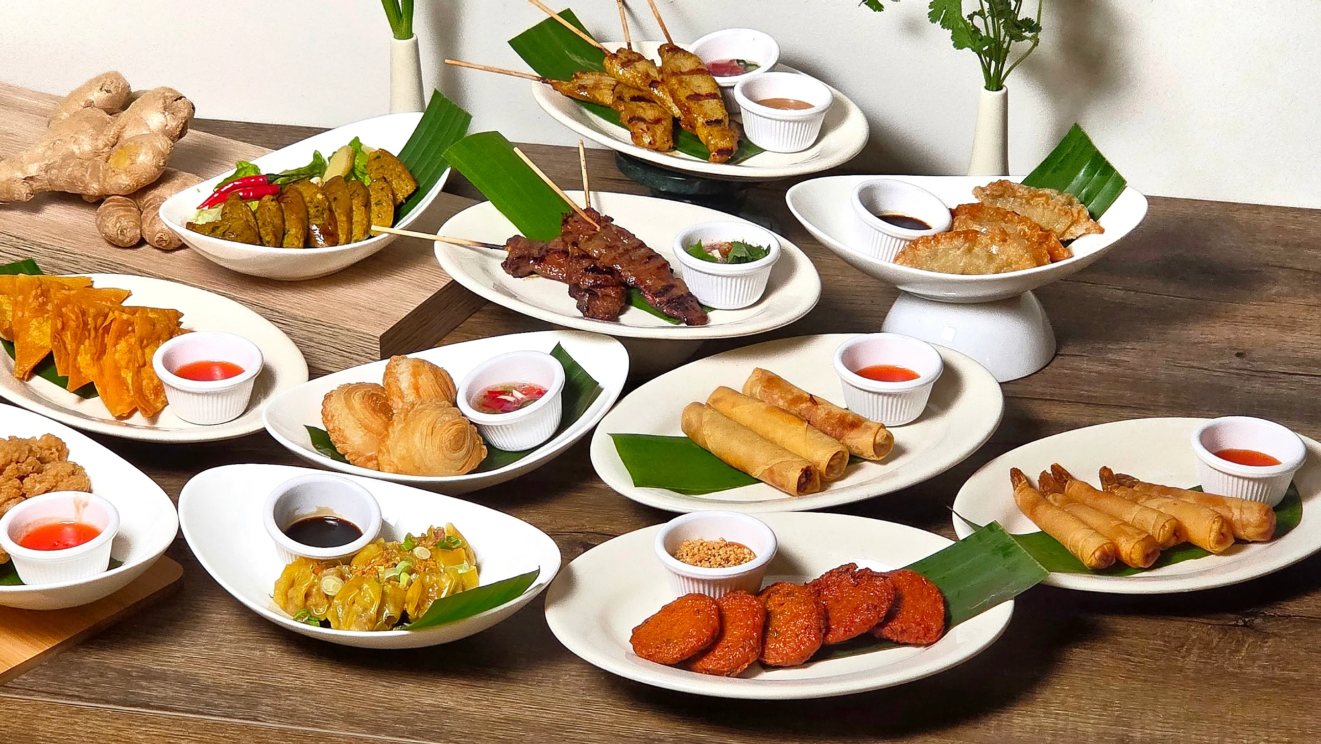 Assorted Southeast Asian appetizers including satay and spring rolls